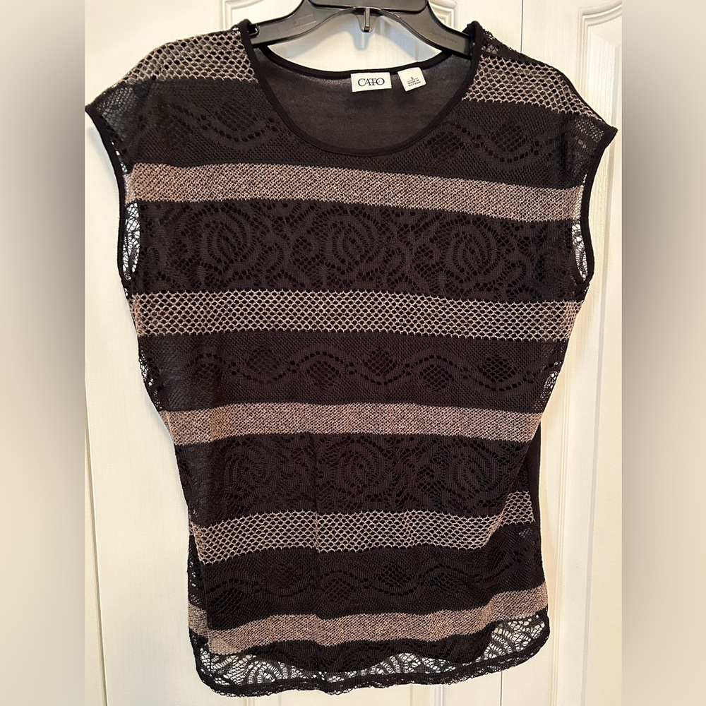 CATO: Black/tan sheer, striped, short sleeve top, size S
